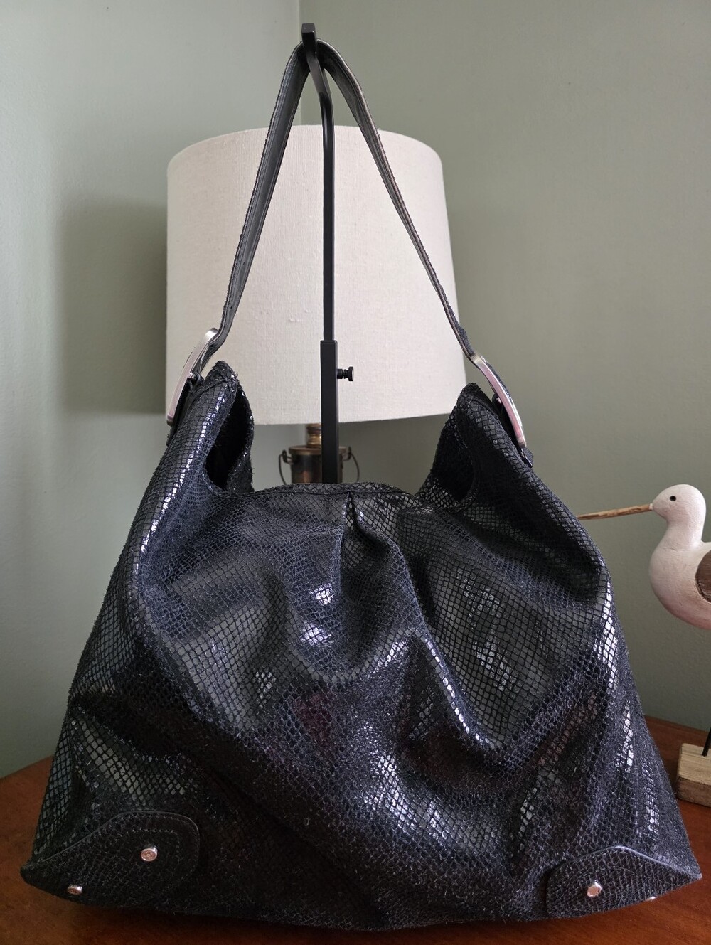 Cole Haan Black Snake Embossed Suede Oversized Hobo Shoulder Bag Y2K